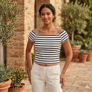 Milly Shirt Womens Large White Black Stripe Boat Neck Short Sleeve Top Knit